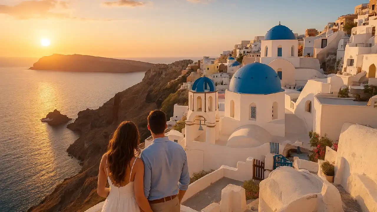 A couple enjoys a romantic sunset overlooking the whitewashed buildings and blue domes of Oia, Santorini, with the Aegean Sea glowing under golden evening light.