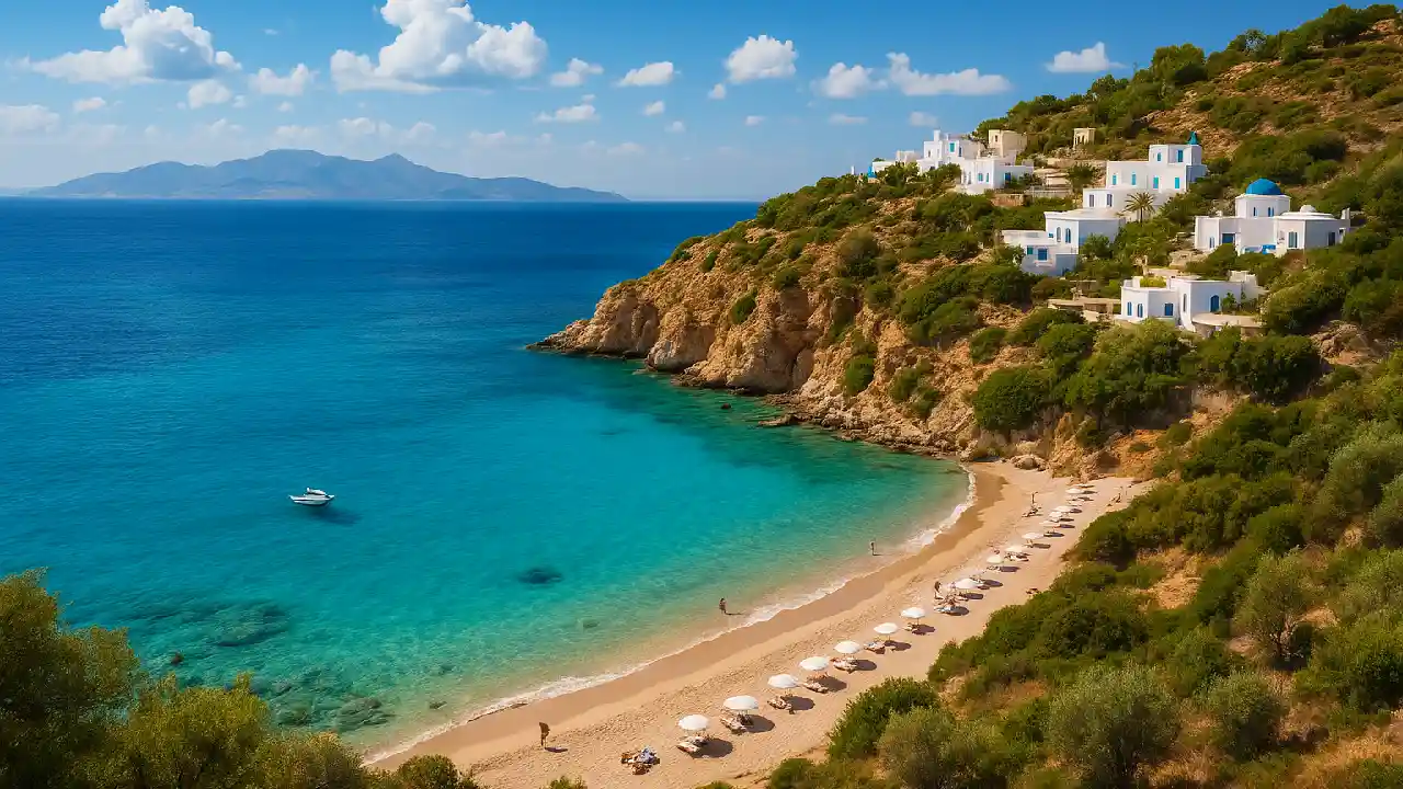 A serene Greek island beach in August with turquoise water, golden sand, whitewashed cliffside homes, and clear blue skies.