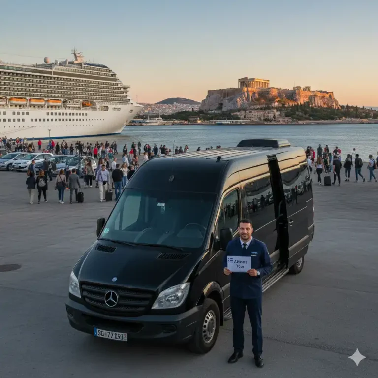 A professional driver in a black luxury van waiting at a cruise ship terminal. In the far background, the historic Acropolis of Athens is visible under a clear blue sky, illustrating a seamless transfer service from the cruise port to the city's ancient landmarks.