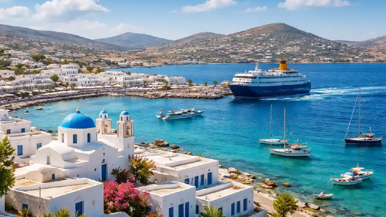 how to get to paros by ferry showing Paros harbor with boats and a passenger ferry arriving at the island