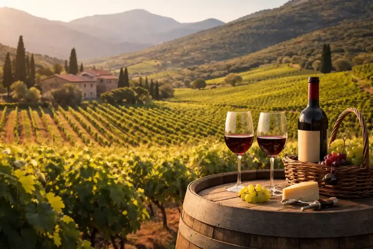 Scenic vineyards in Nemea with wine glasses, grapes, and a traditional winery in the Peloponnese, Greece
