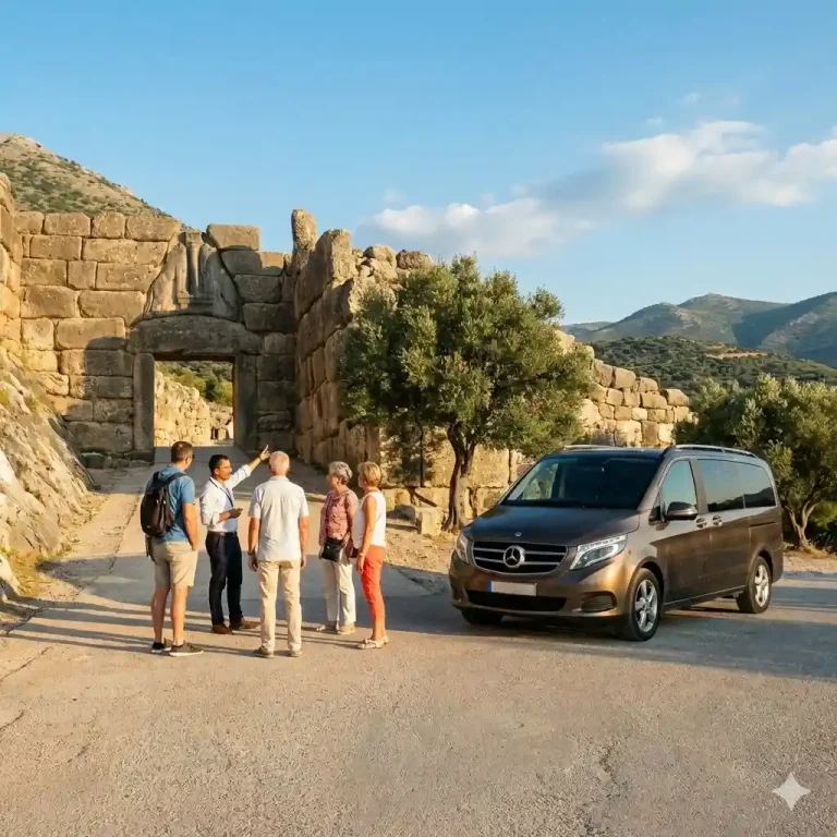 A professional tour guide explaining the history of the ancient Lion Gate at Mycenae to a small private group, with a luxury Mercedes tour van parked nearby under a clear blue sky.