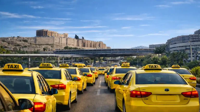 Yellow taxis lined up in Athens under a clear blue sky, representing the taxi strike in Greece and transport disruption for airport passengers and tourists.