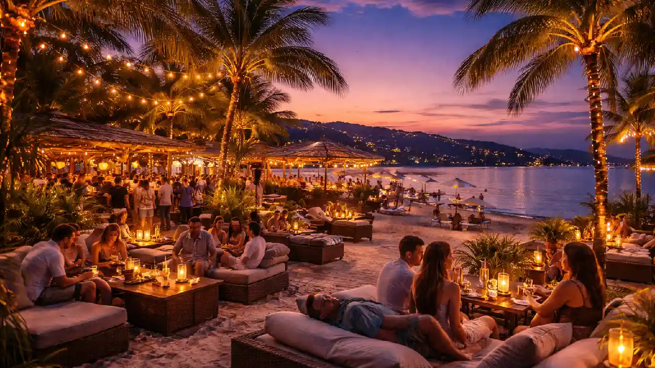 Luxury beach club in Athens at sunset with palm trees, lounge seating, cocktails, and sea views on the Athenian Riviera.