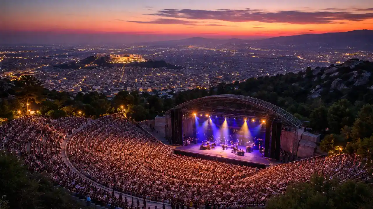 Panoramic sunset view of Lycabettus Theatre in Athens during a live concert, with a full audience and city lights in the background.
