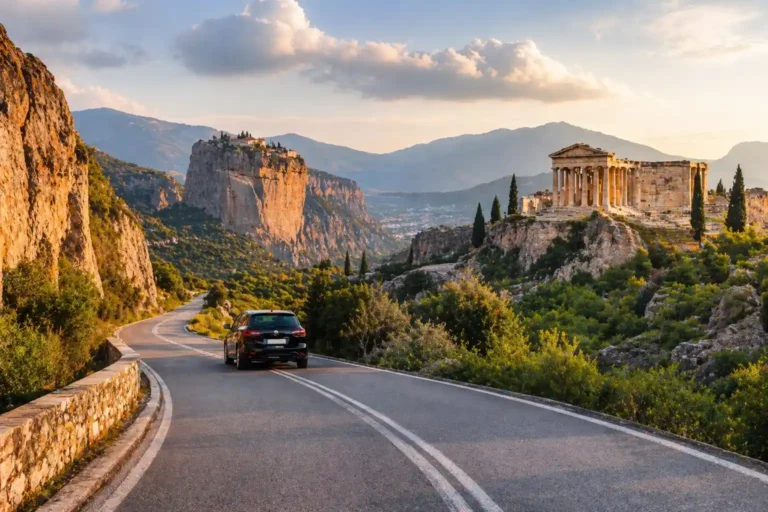 Scenic road trip in Greece with a private car driving through mountains toward an ancient temple landscape, representing a 4 day classical Greece tour including Delphi and Meteora destinations