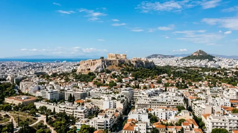 Panoramic view of Athens cityscape featuring the Acropolis and Parthenon with modern buildings and the Aegean Sea in the background.
