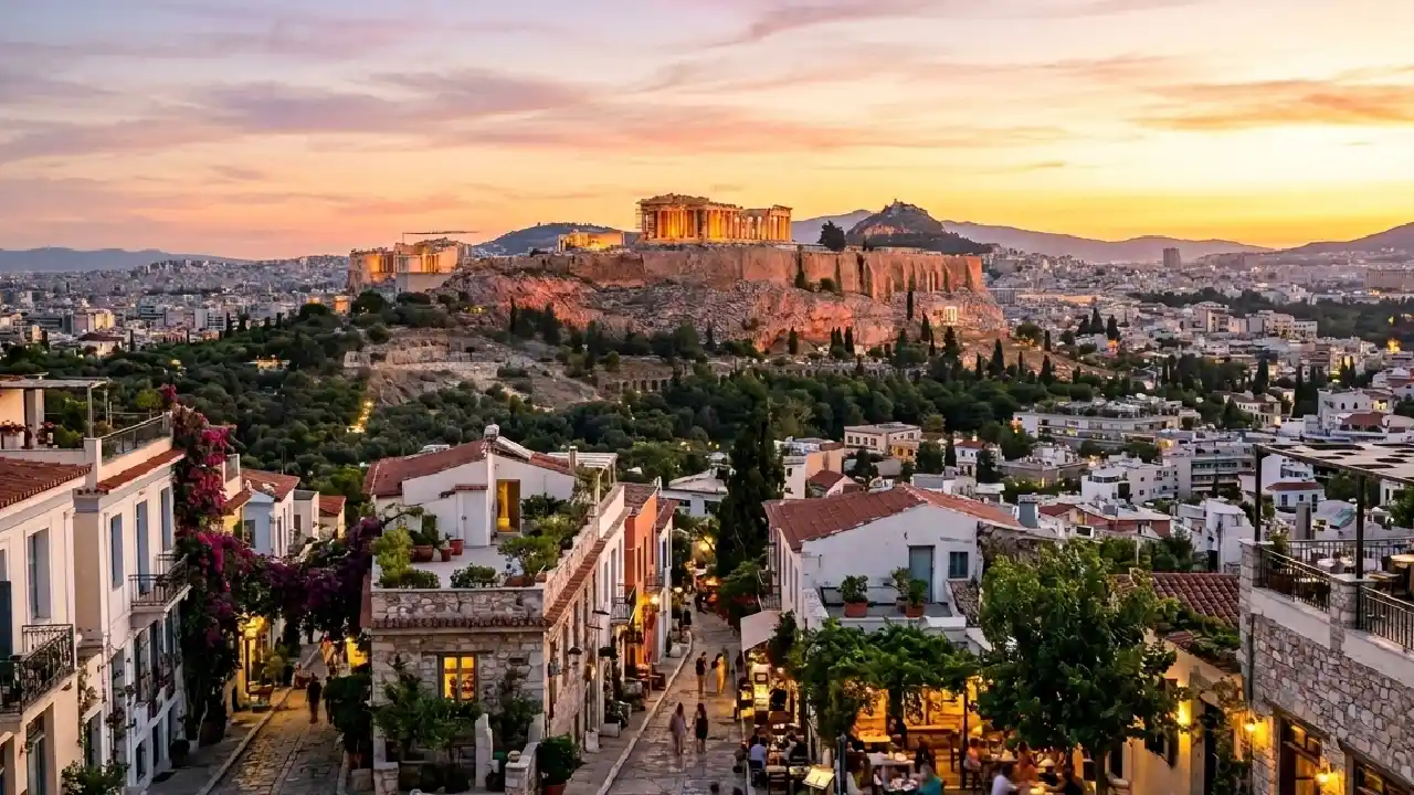 A wide-angle landscape of Athens, Greece at golden hour. The Acropolis and Parthenon sit on a rocky hill in the background under a pink and orange sunset sky. In the foreground, the charming narrow streets of the Plaka neighborhood feature white buildings with terracotta roofs and people dining at outdoor cafes.