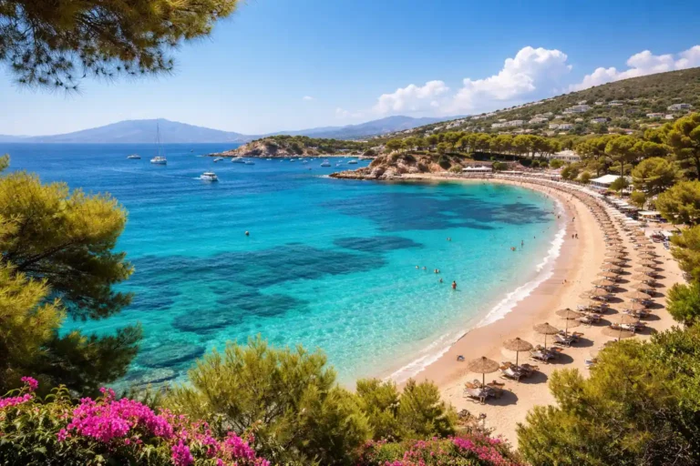 Private beach day trip from Athens showing the Athenian Riviera coastline with clear turquoise waters, sandy beach, sunbeds, and scenic coastal views ideal for swimming near Athens
