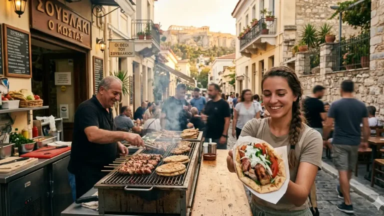 A vibrant street scene in Athens featuring the best souvlaki; a woman holds a fresh pita wrap with tzatziki in the foreground while a cook grills skewers at a traditional stand with the Acropolis in the background.
