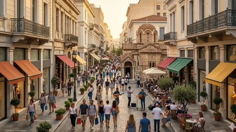 A vibrant wide-angle photograph capturing the lively atmosphere of Ermou Street in Athens during the golden hour. Diverse people stroll and shop, with a prominent historic Byzantine church (Panaghia Kapnikarea) visible among modern retail stores with colorful awnings. Street musicians perform under warm Mediterranean sunlight.