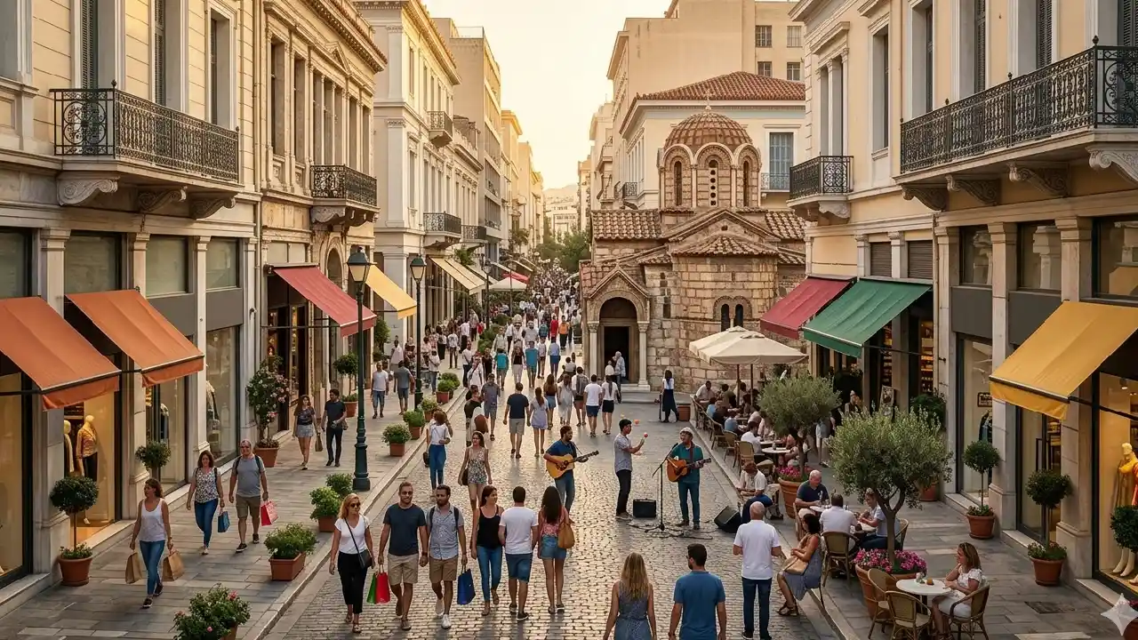 A vibrant wide-angle photograph capturing the lively atmosphere of Ermou Street in Athens during the golden hour. Diverse people stroll and shop, with a prominent historic Byzantine church (Panaghia Kapnikarea) visible among modern retail stores with colorful awnings. Street musicians perform under warm Mediterranean sunlight.