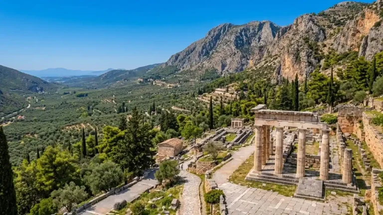 A high-angle panoramic view of the ancient archaeological site of Delphi, Greece, which is a popular day trip from Athens. The image showcases stone ruins including the Athenian Treasury, nestled against steep, rugged mountains and overlooking a vast valley lush with olive groves under a vibrant blue sky.