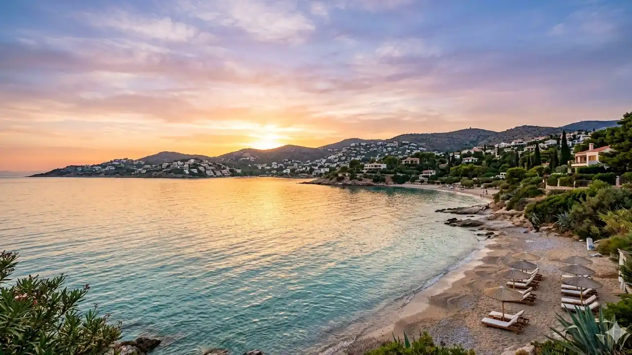 A wide-angle landscape of the Athenian Riviera, one of the top beaches in Athens Greece, during the golden hour. The image shows turquoise water, a sandy shoreline with sunbeds and umbrellas, and Mediterranean buildings under a sunset sky of orange and pink.