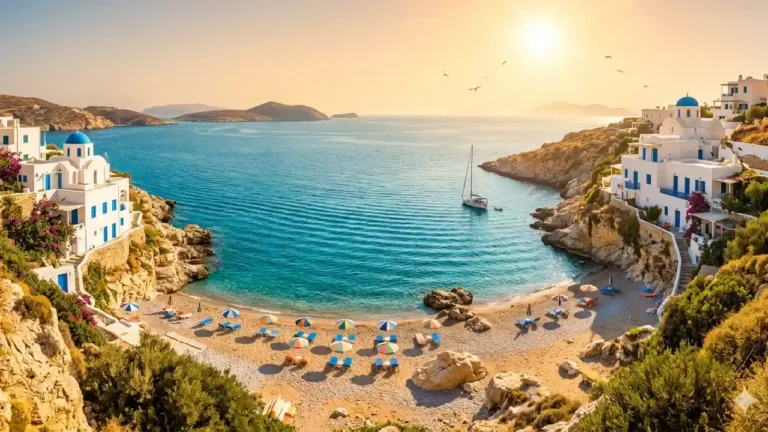 Panoramic landscape of the best beaches in Greece featuring turquoise Aegean waters, a sandy shore with sunbeds, iconic white-washed villages with blue domes perched on golden limestone cliffs, and a warm Mediterranean sky.