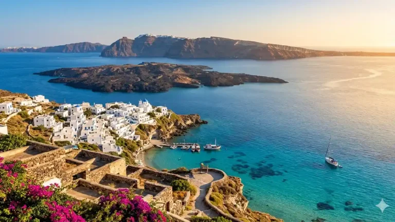 Panoramic landscape of white-washed Greek villas with blue domes overlooking a turquoise bay and volcanic islands at sunset.
