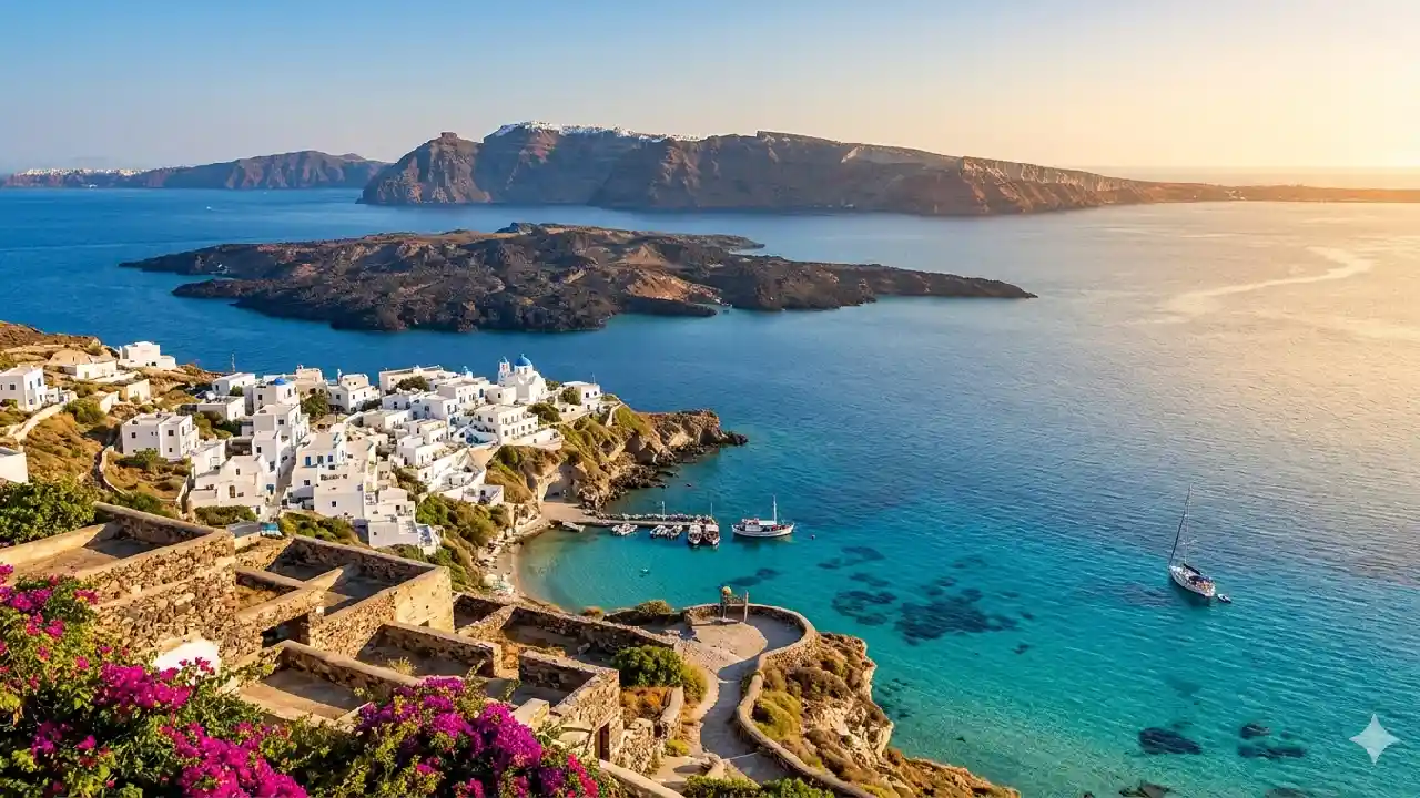 Panoramic landscape of white-washed Greek villas with blue domes overlooking a turquoise bay and volcanic islands at sunset.