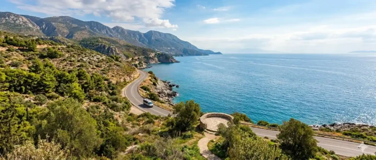 A beautiful panoramic view of a winding asphalt road hugging a steep Greek coastline, with lush green pine and olive trees covering the mountainside, overlooking the vast turquoise waters of the Mediterranean Sea under a partly cloudy sky. A single white car is driving along the road.