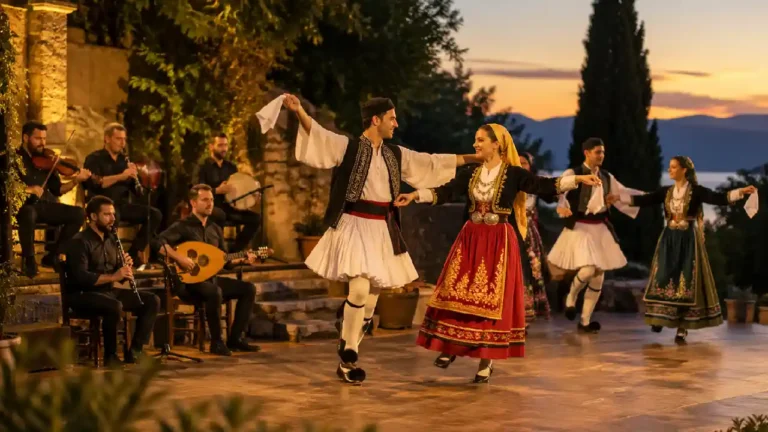 Traditional Greek dancers performing with live musicians and authentic costumes at sunset