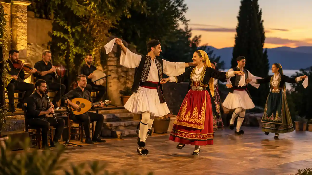 Traditional Greek dancers performing with live musicians and authentic costumes at sunset