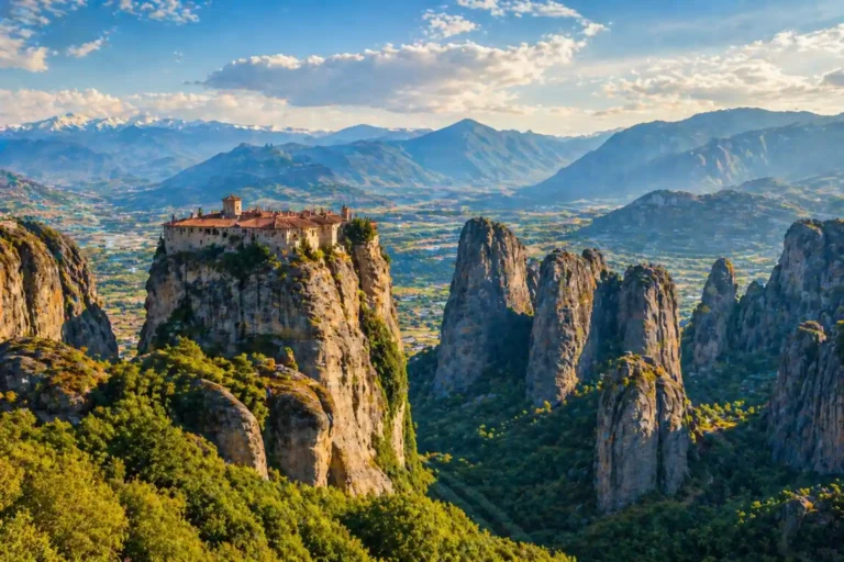 Panoramic landscape of Meteora in Greece with monasteries perched on tall rock formations under warm sunlight, ideal for a private multi-day tour experience