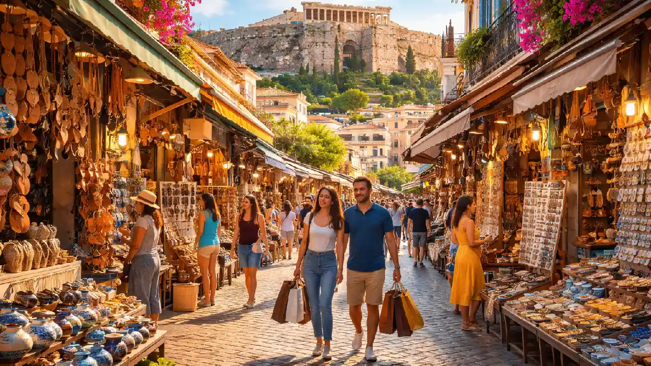 Tourists exploring a vibrant street market in Athens Greece with handmade souvenirs, local shops, and the Acropolis in the background under warm sunlight
