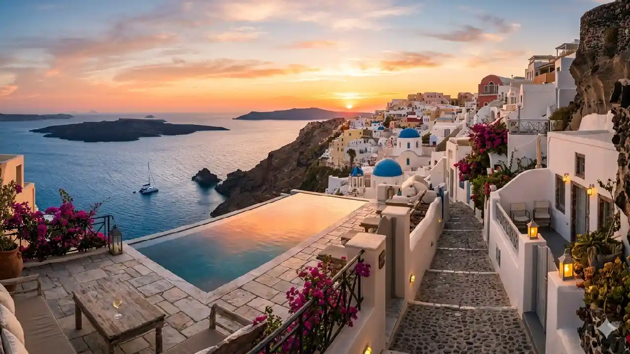 A wide-angle, panoramic photograph of the village of Oia in Santorini at sunset. The image captures the iconic whitewashed buildings and blue-domed churches cascading down the cliffside, overlooking the volcanic caldera and the sparkling Aegean Sea. A few small boats, including a catamaran, are visible in the water. The sky is painted with shades of orange, pink, and gold as the sun sets over the distant islands. This beautiful view is a must-see for anyone planning a 4 Days in Santorini itinerary.