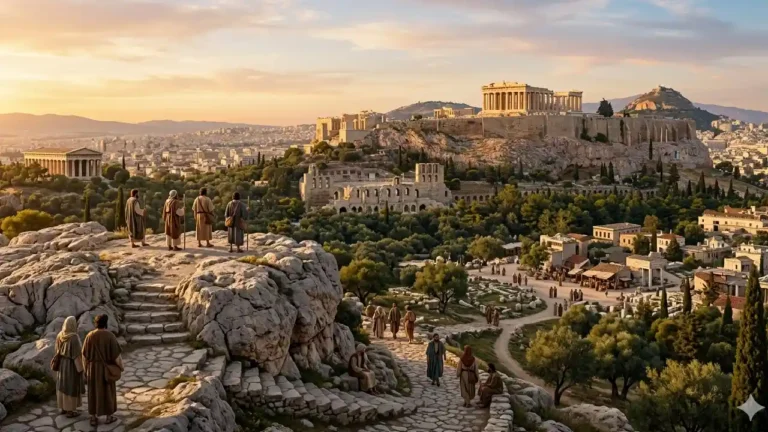 Panoramic view from Areopagus (Mars Hill), a key biblical site in Athens, showing the Acropolis and Parthenon at golden hour with robed figures.