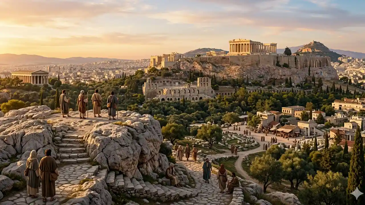 Panoramic view from Areopagus (Mars Hill), a key biblical site in Athens, showing the Acropolis and Parthenon at golden hour with robed figures.