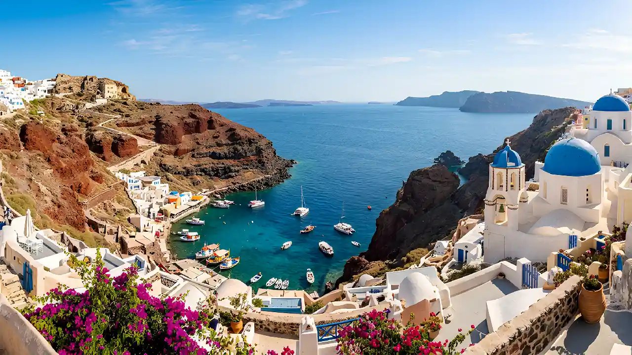 A sweeping panoramic photograph of the iconic cliffside village of Oia in Santorini, Greece. The image features whitewashed houses with traditional blue-domed churches, vibrant magenta bougainvillea flowers framing the foreground, and the expansive caldera of the Aegean Sea. This stunning view helps travelers visualize the destinations that make deciding how many days in Greece to spend such an exciting decision