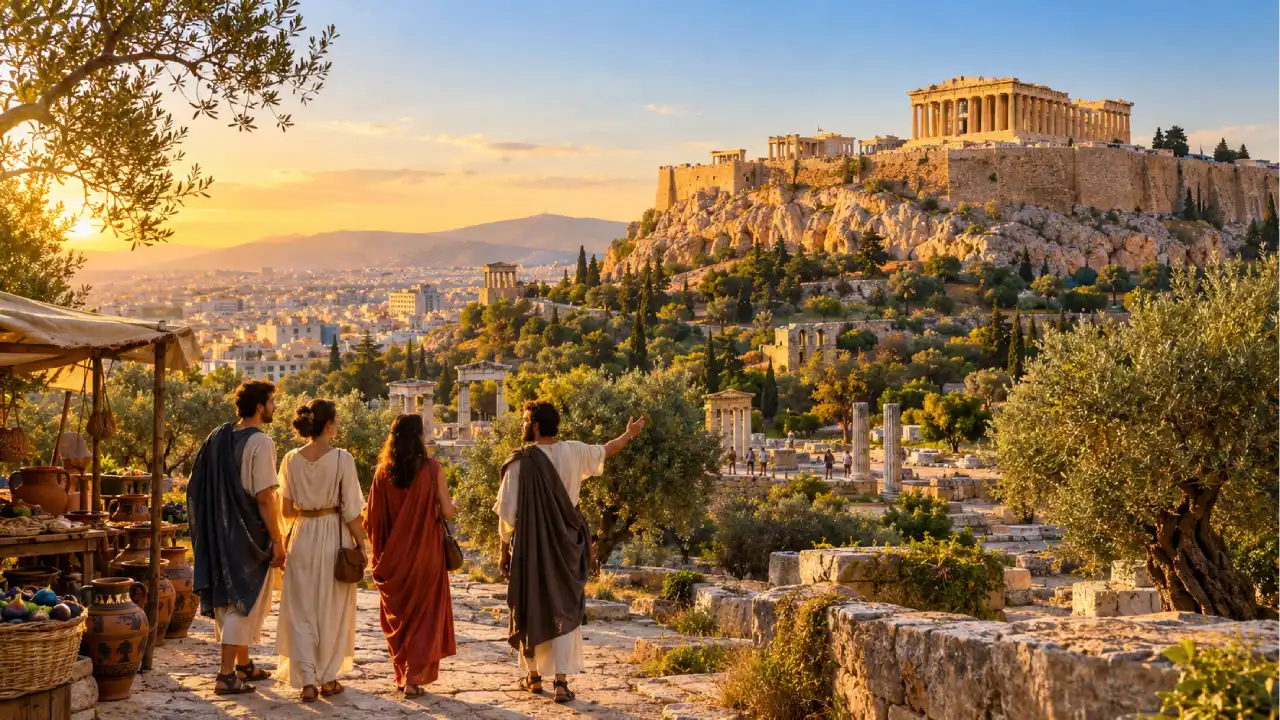 Experience ancient Athens with visitors in traditional Greek clothing exploring the Ancient Agora, as the Parthenon glows in golden sunlight above the historic city of Athens.